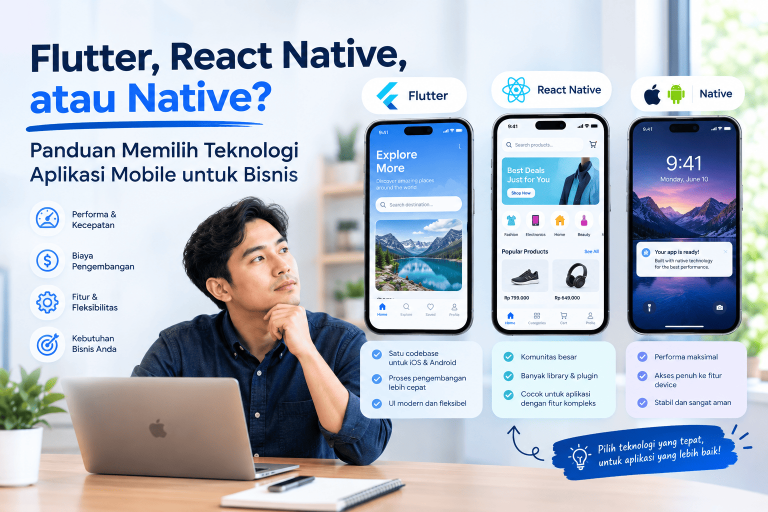 Flutter, React Native, atau Native? Panduan Memilih Teknologi Aplikasi Mobile untuk Bisnis